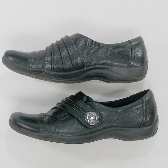 CLARKS ARTISAN black ruched strap leather slip on shoes 6M - Picture 2 of 5